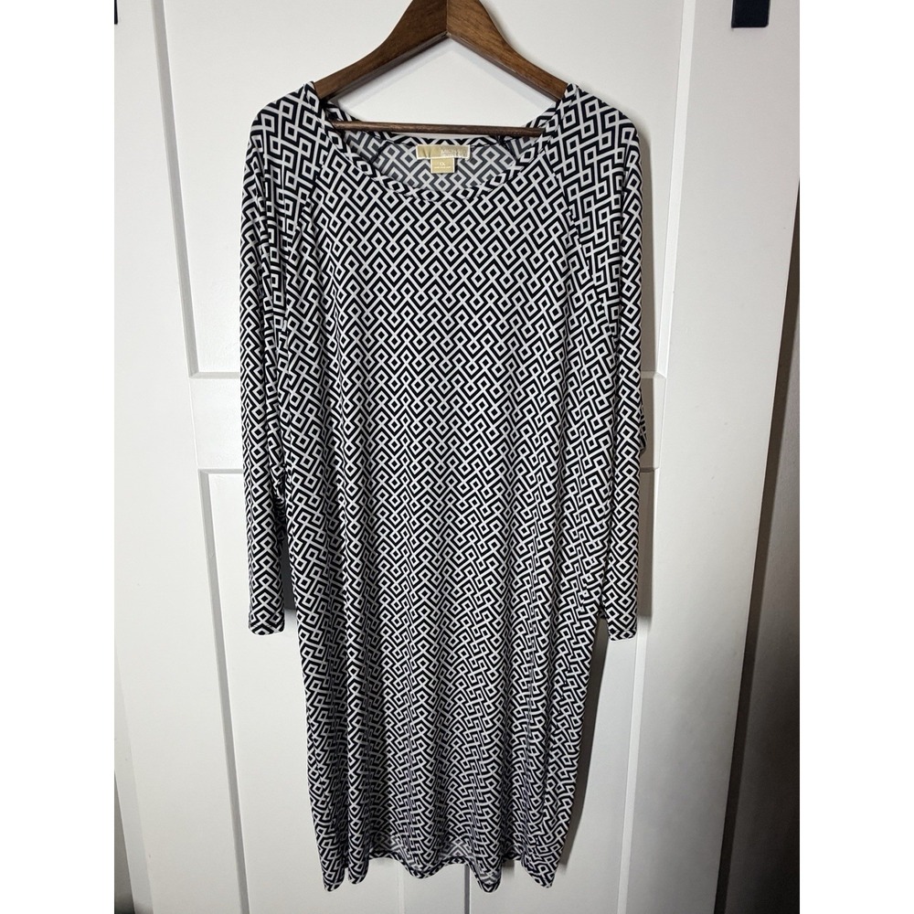 Michael Kors 1X Geometric Print Long Sleeve Jersey Dress Black White Plus
